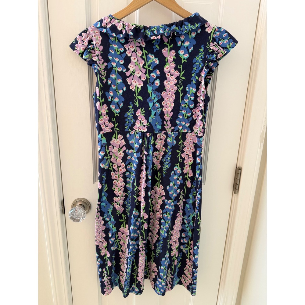 Lilly Pulitzer Navy Floral Ruffle V-Neck Knit Dress Sz Small Foxy Foxglove Print - Picture 5 of 7